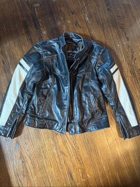 Men's Black Leather Jacket with White Sleeve Panels